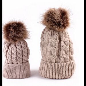 Mom and Baby Matching Pom Pom Hats-Khaki